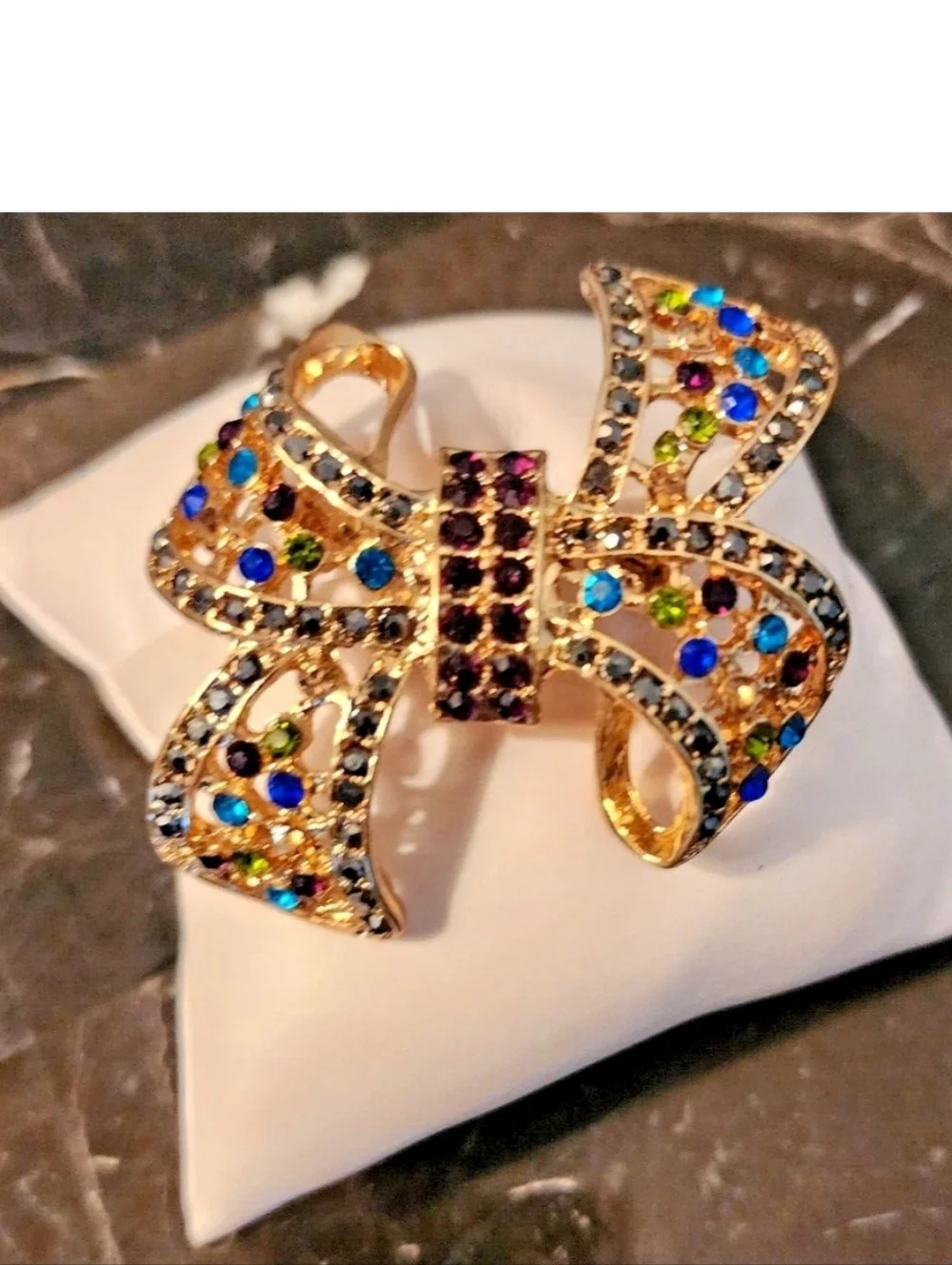 Bow Vintage Brooch  Gold Tone with Multicolor Rhinestones - Picture 5 of 10
